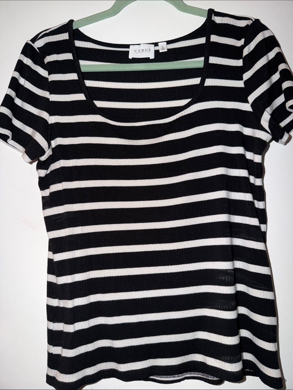 Cyrus Black & White Striped Scoop Neck Short Sleeve Top